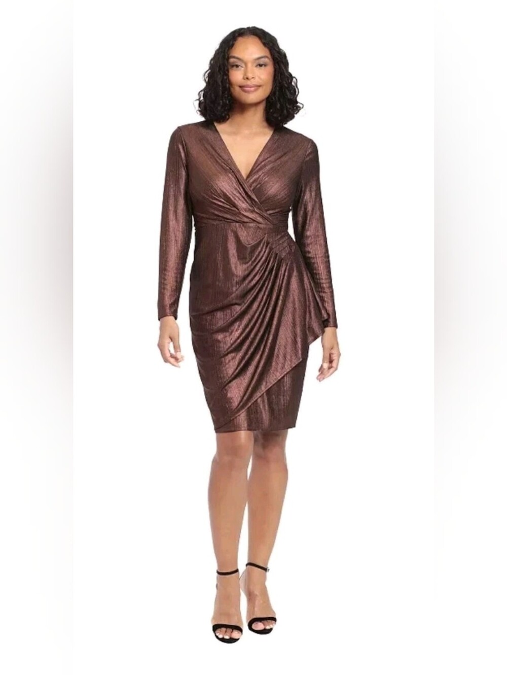 London Times Metallic Copper Wrap Side Cascade Ruffle Dress Size 16